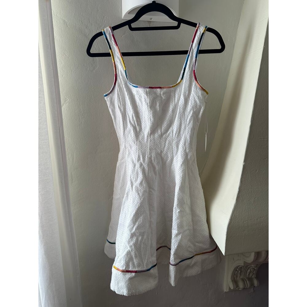 STAUD White Mini Dress with Multicolor Trim, NWT